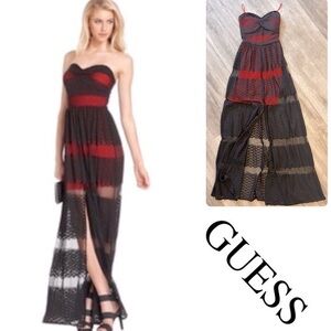 GUESS gorgeouse red dress with black lace overlay and slit. Padded Bustier.